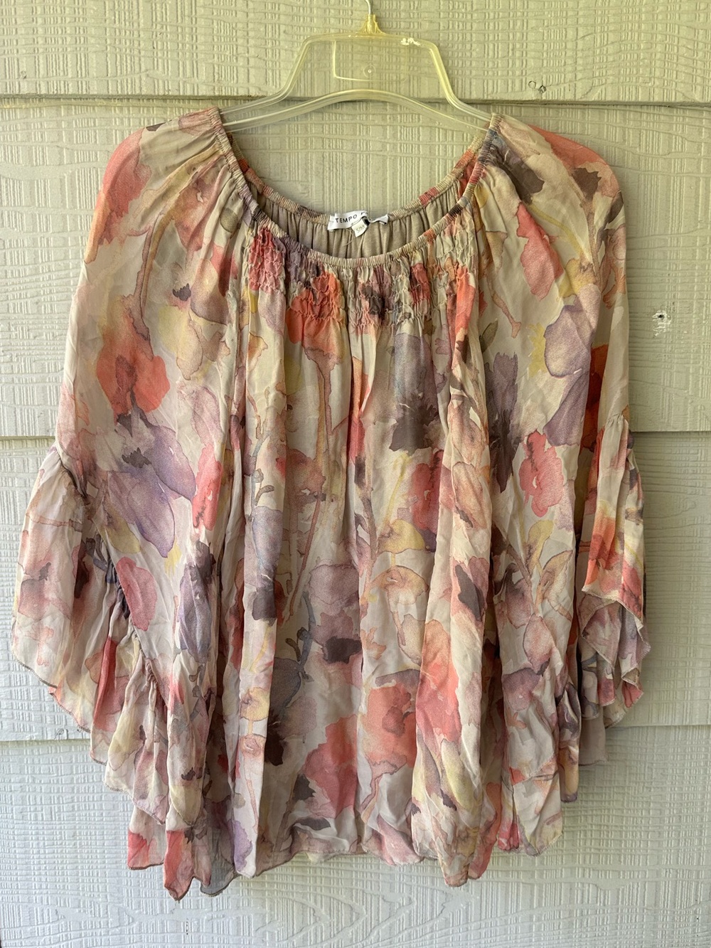 Tempo Paris 100%Silk  Floral Peasant Blouse Flare sleeve  ~S
